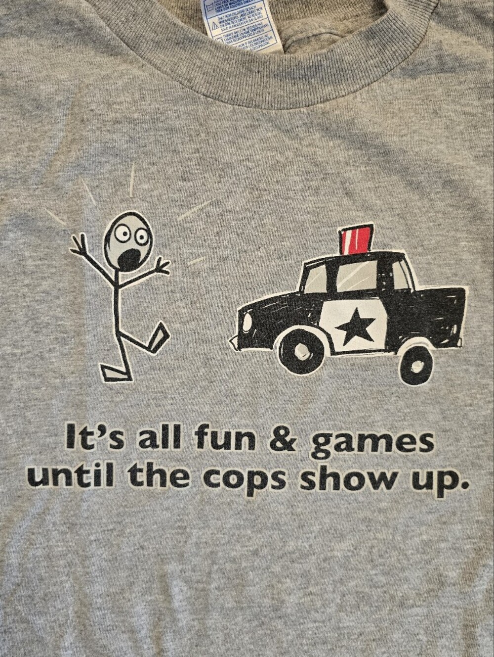 Men's Vintage Y2K Grey Short-Sleeve Graphic Tee with Police Car Cartoon Print